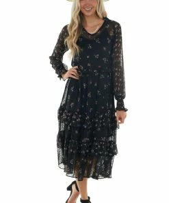 ANGIE Black Swiss Dot Floral Print Midi Dress