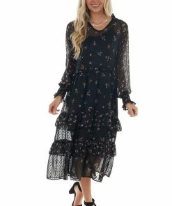 ANGIE Black Swiss Dot Floral Print Midi Dress