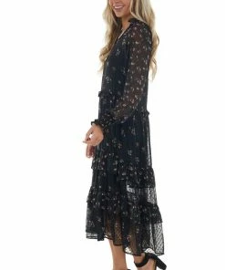 ANGIE Black Swiss Dot Floral Print Midi Dress