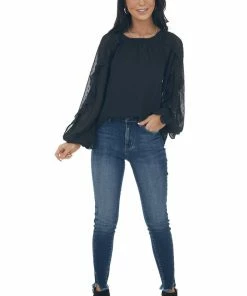 Flying Tomato Tops Black Swiss Dot Peasant Sleeve Woven Blouse 19 Flying Tomato Tops Black Swiss Dot Peasant Sleeve Woven Blouse