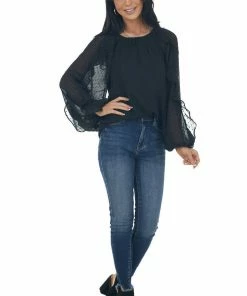 Flying Tomato Tops Black Swiss Dot Peasant Sleeve Woven Blouse 20 Flying Tomato Tops Black Swiss Dot Peasant Sleeve Woven Blouse