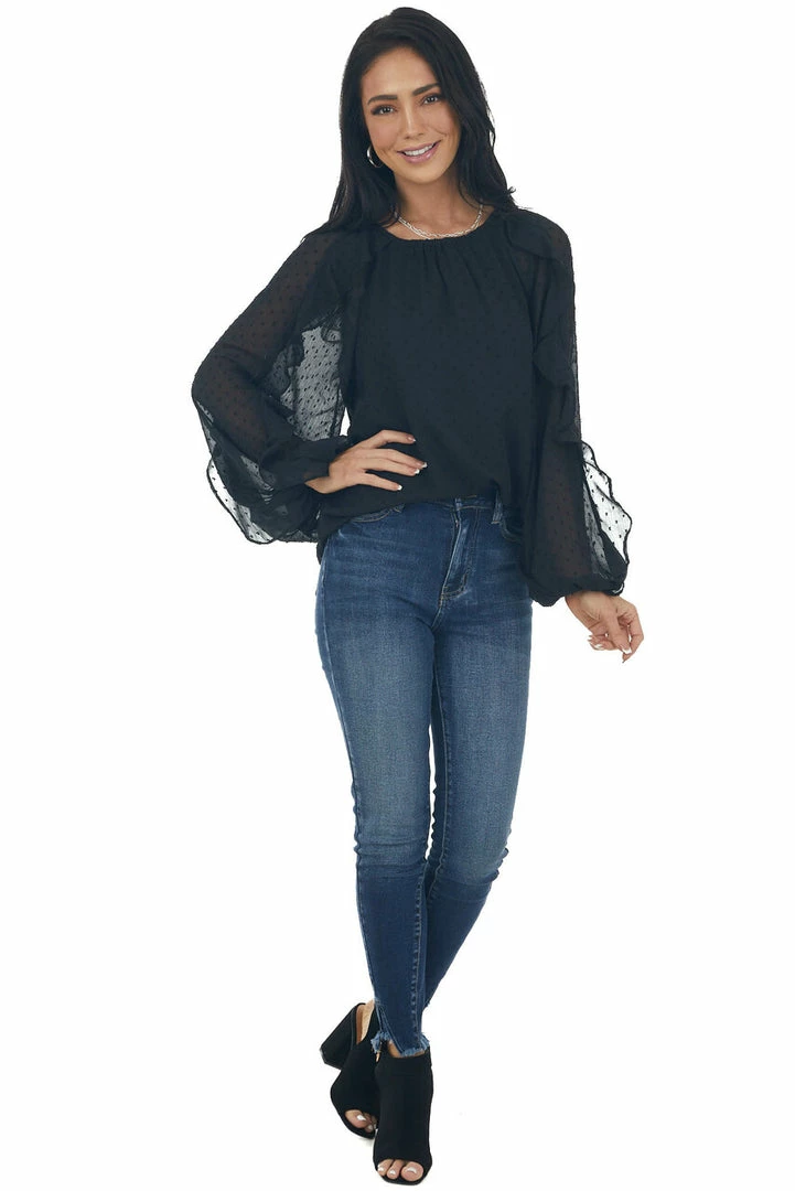 Flying Tomato Tops Black Swiss Dot Peasant Sleeve Woven Blouse 5 Flying Tomato Tops Black Swiss Dot Peasant Sleeve Woven Blouse