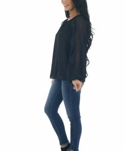 Flying Tomato Tops Black Swiss Dot Peasant Sleeve Woven Blouse 23 Flying Tomato Tops Black Swiss Dot Peasant Sleeve Woven Blouse