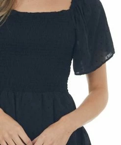 ANGIE Black Swiss Dot Smocked Mini Skater Dress