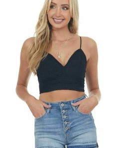 Style Melody Black Textured Lace Bralette With Smocked Back Tops