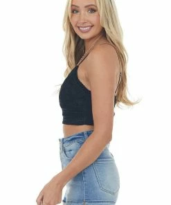 Style Melody Black Textured Lace Bralette With Smocked Back Tops