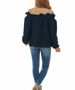 Newbury Kustom Tops Black Textured Off Shoulder Frill Blouse