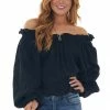 Newbury Kustom Tops Black Textured Off Shoulder Frill Blouse