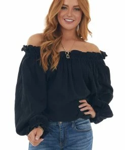 Newbury Kustom Tops Black Textured Off Shoulder Frill Blouse