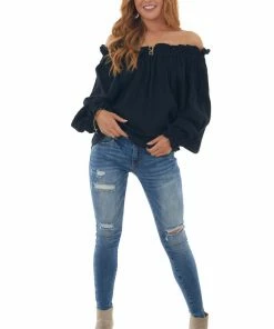 Newbury Kustom Tops Black Textured Off Shoulder Frill Blouse