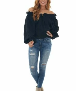 Newbury Kustom Tops Black Textured Off Shoulder Frill Blouse