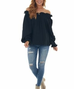 Newbury Kustom Tops Black Textured Off Shoulder Frill Blouse