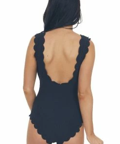 Beach Joy Bikini Black Textured Scalloped One Piece Swimsuit