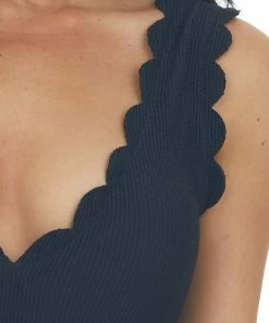 Beach Joy Bikini Black Textured Scalloped One Piece Swimsuit