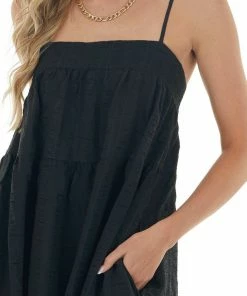 Entro Black Textured Tiered Tent Midi Woven Dress Dresses