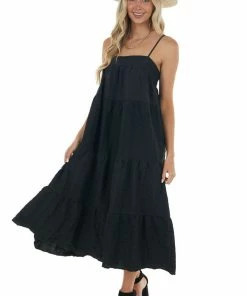 Entro Black Textured Tiered Tent Midi Woven Dress Dresses