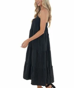 Entro Black Textured Tiered Tent Midi Woven Dress Dresses
