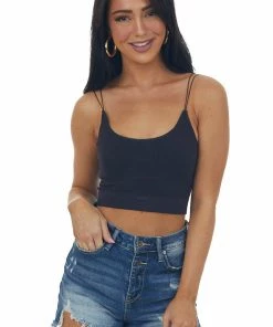 By Together Black Thin Spaghetti Strap Ribbed Knit Brami