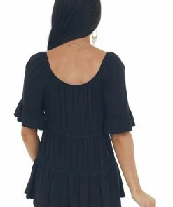 CY Fashion Tops Black Tiered Lace Off Shoulder Knit Top