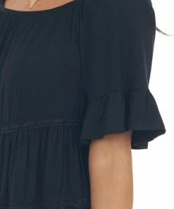 CY Fashion Tops Black Tiered Lace Off Shoulder Knit Top