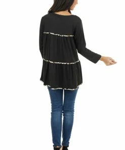 Entro Black Tiered Long Sleeve Top With Leopard Print Details Tops 24 Entro Black Tiered Long Sleeve Top With Leopard Print Details Tops