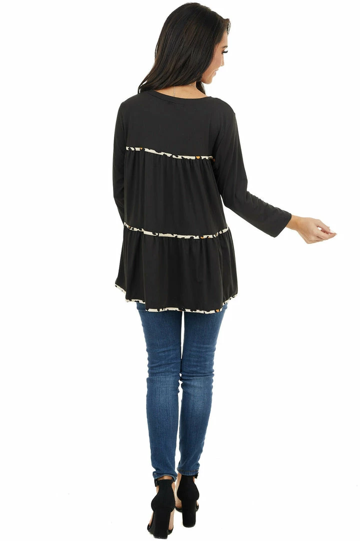 Entro Black Tiered Long Sleeve Top With Leopard Print Details Tops 9 Entro Black Tiered Long Sleeve Top With Leopard Print Details Tops