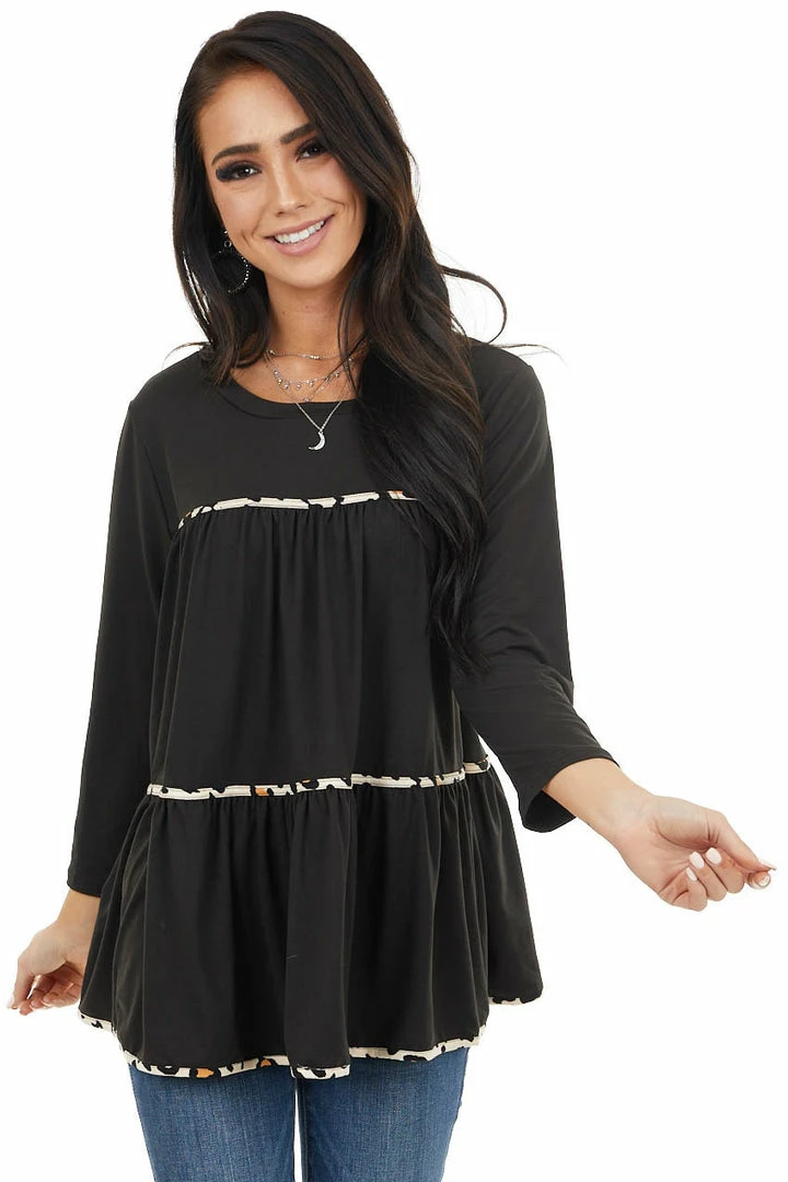 Entro Black Tiered Long Sleeve Top With Leopard Print Details Tops 3 Entro Black Tiered Long Sleeve Top With Leopard Print Details Tops