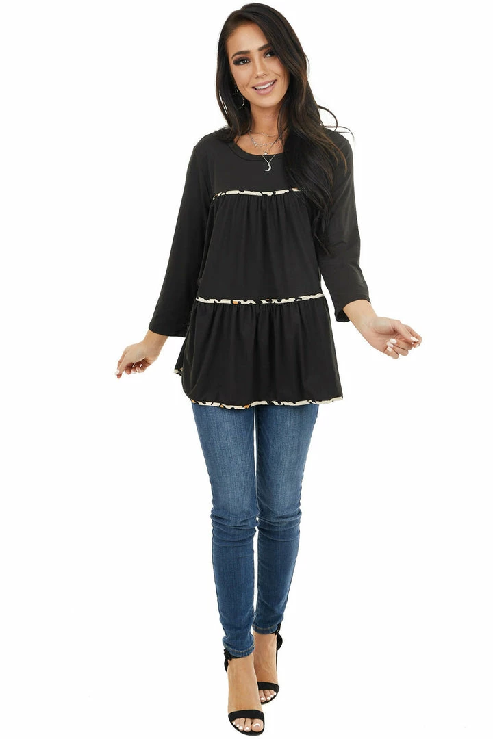 Entro Black Tiered Long Sleeve Top With Leopard Print Details Tops 5 Entro Black Tiered Long Sleeve Top With Leopard Print Details Tops