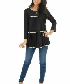 Entro Black Tiered Long Sleeve Top With Leopard Print Details Tops 21 Entro Black Tiered Long Sleeve Top With Leopard Print Details Tops