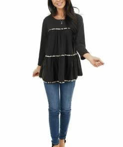 Entro Black Tiered Long Sleeve Top With Leopard Print Details Tops 19 Entro Black Tiered Long Sleeve Top With Leopard Print Details Tops