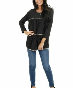Entro Black Tiered Long Sleeve Top With Leopard Print Details Tops 22 Entro Black Tiered Long Sleeve Top With Leopard Print Details Tops