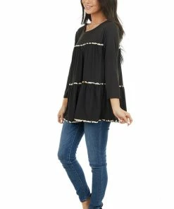 Entro Black Tiered Long Sleeve Top With Leopard Print Details Tops 23 Entro Black Tiered Long Sleeve Top With Leopard Print Details Tops