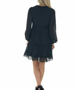 Andree Dresses Black Tiered Ruffle Long Sleeve Short Dress