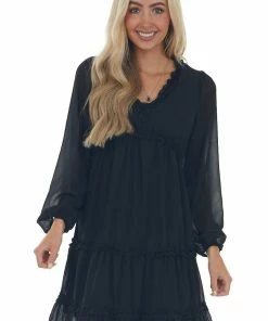 Andree Dresses Black Tiered Ruffle Long Sleeve Short Dress