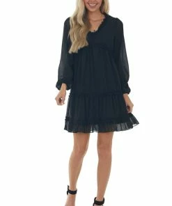 Andree Dresses Black Tiered Ruffle Long Sleeve Short Dress