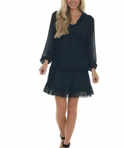 Andree Dresses Black Tiered Ruffle Long Sleeve Short Dress