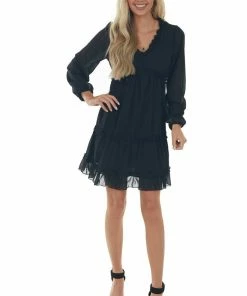 Andree Dresses Black Tiered Ruffle Long Sleeve Short Dress