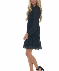 Andree Dresses Black Tiered Ruffle Long Sleeve Short Dress