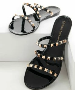 CCOCCI Black Triple Strap Gold Studded Jelly Sandals