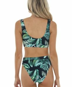 Beach Joy Bikini Black Tropical Print High Waisted Ribbed Knit Bikini Set Accessories