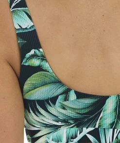 Beach Joy Bikini Black Tropical Print High Waisted Ribbed Knit Bikini Set Accessories