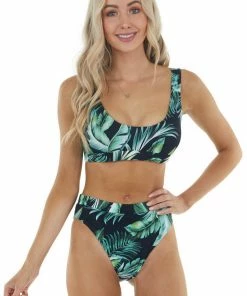 Beach Joy Bikini Black Tropical Print High Waisted Ribbed Knit Bikini Set Accessories