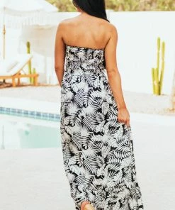 Timing Dresses Black Tropical Print Strapless Smocked Maxi Dress