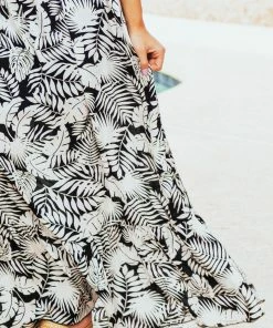 Timing Dresses Black Tropical Print Strapless Smocked Maxi Dress