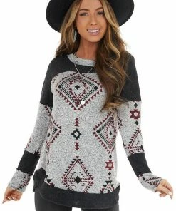 RAE MODE Black Two Tone Aztec Print Knit Top With Raw Edge Details