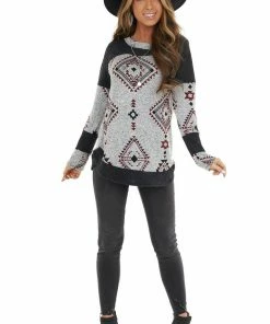 RAE MODE Black Two Tone Aztec Print Knit Top With Raw Edge Details