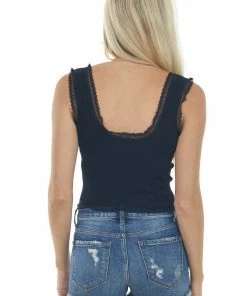 DYNAMIC Tops Black U Neck Lace Trim Ribbed Knit Crop Tank