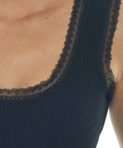 DYNAMIC Tops Black U Neck Lace Trim Ribbed Knit Crop Tank