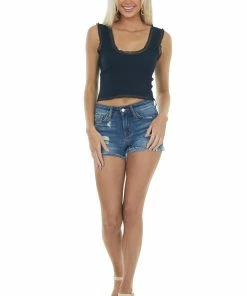 DYNAMIC Tops Black U Neck Lace Trim Ribbed Knit Crop Tank