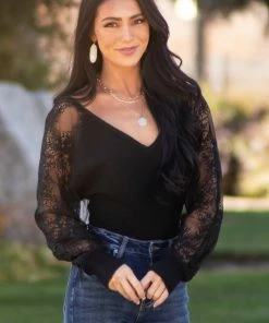 Peach Love Tops Black V Neck Lace Long Sleeve Knit Top